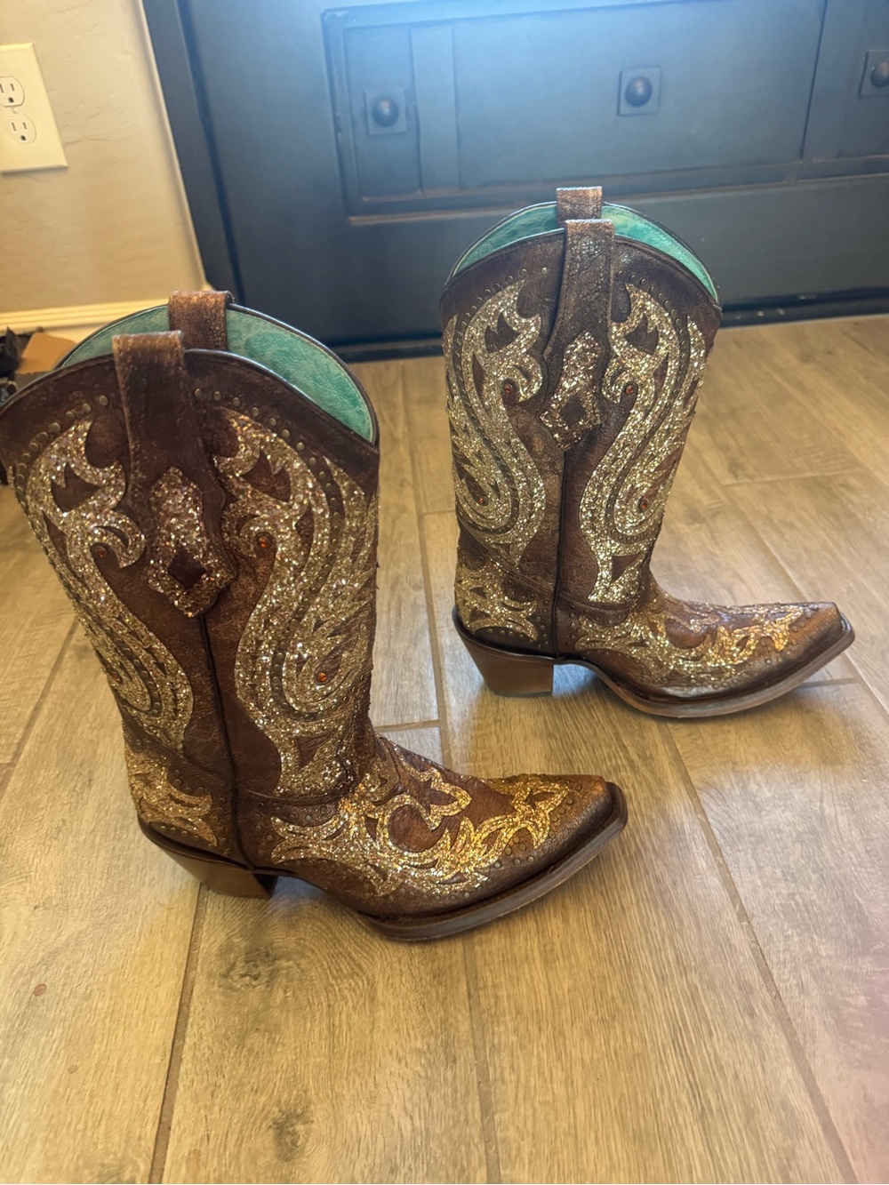 Corral Brown and Gold Glitter Embellished Heeled Cowboy Boots